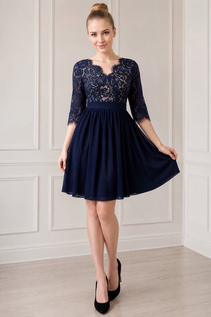 Elegant Navy Lace Mini Dress with Three-Quarter Sleeves